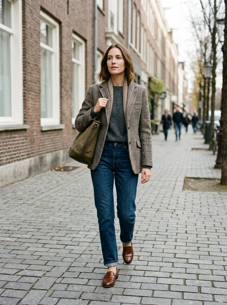 A woman wearing a tweed jacket and straight leg jeans, standing on a city sidewalk, showing a classic winter style.