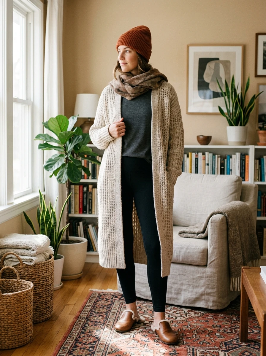 A woman wearing a longline cardigan and leggings, standing in a cozy home interior.