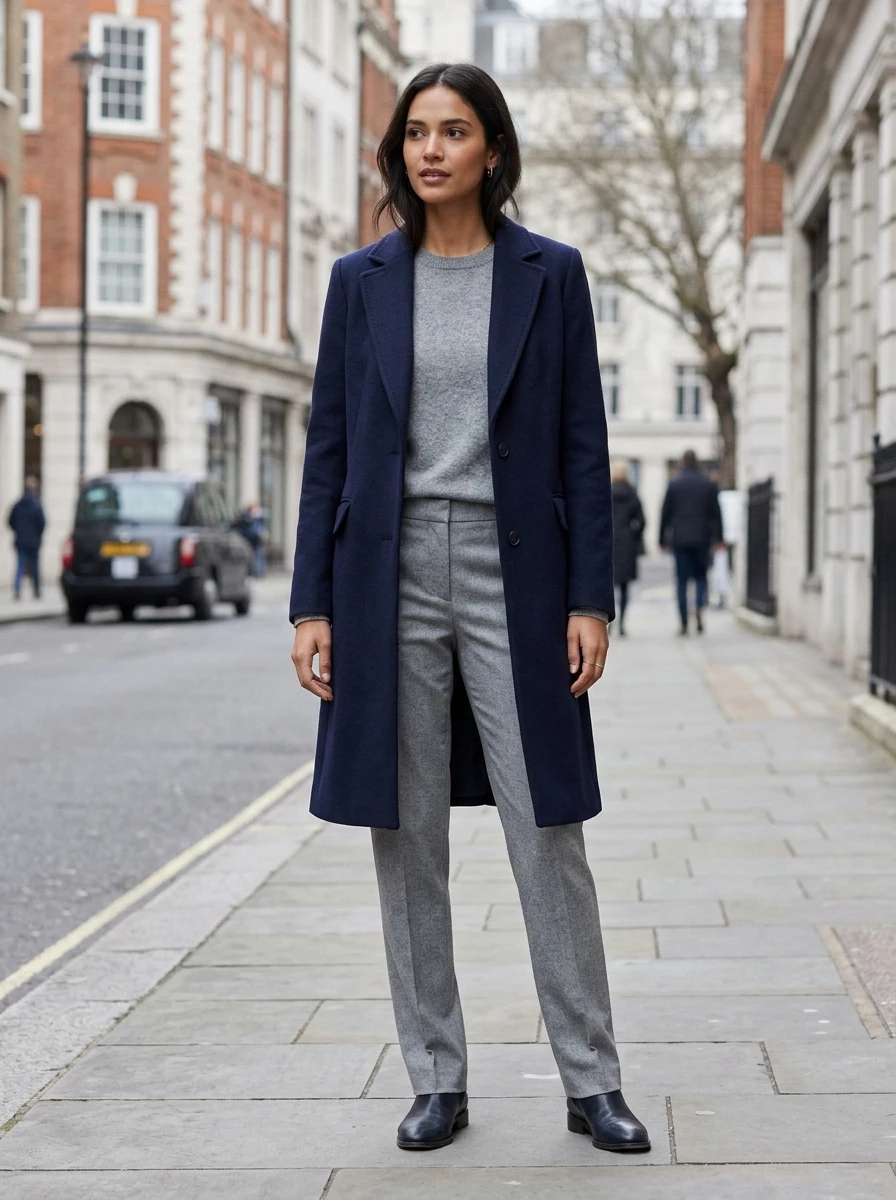 A woman wearing a navy coat over a gray sweater and gray trousers, standing on a city street.