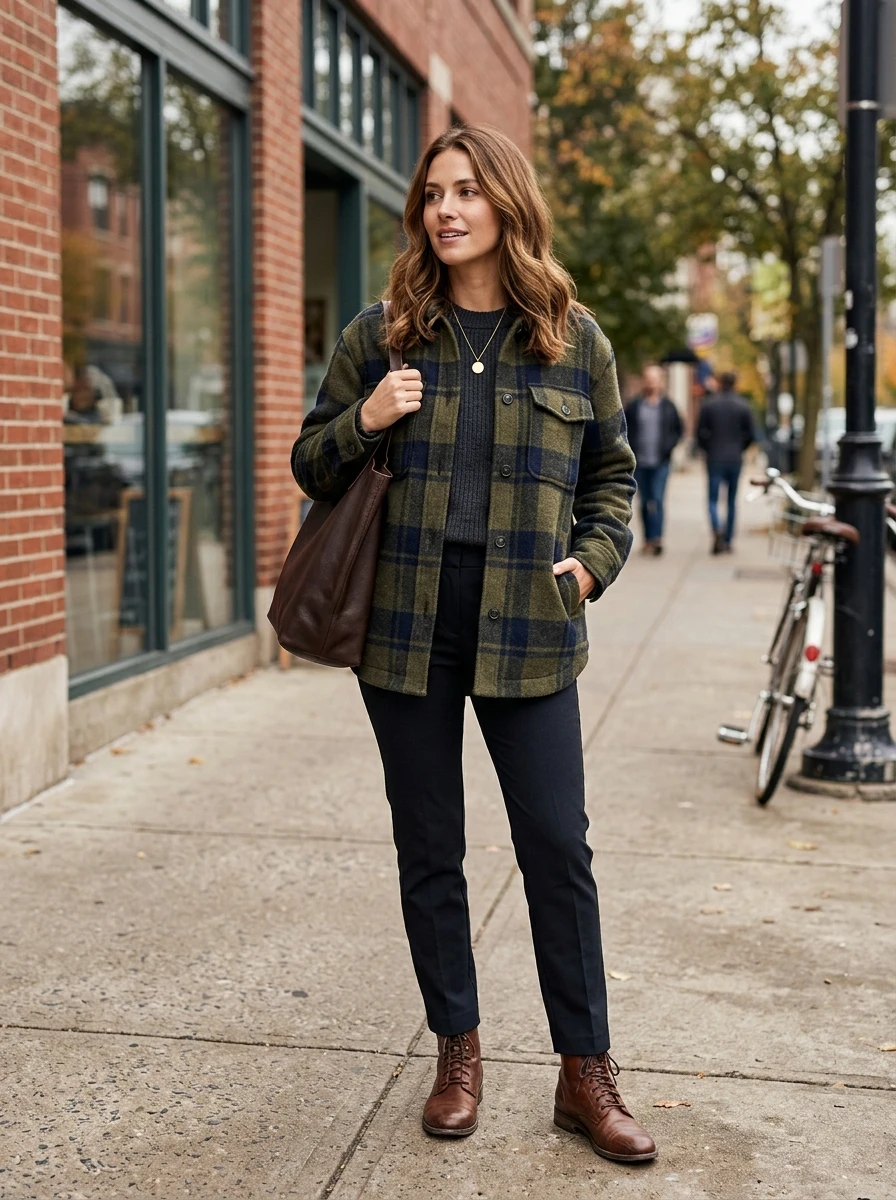 A woman wearing a wool shacket and slim trousers, standing on a sidewalk, showing a relaxed winter style.