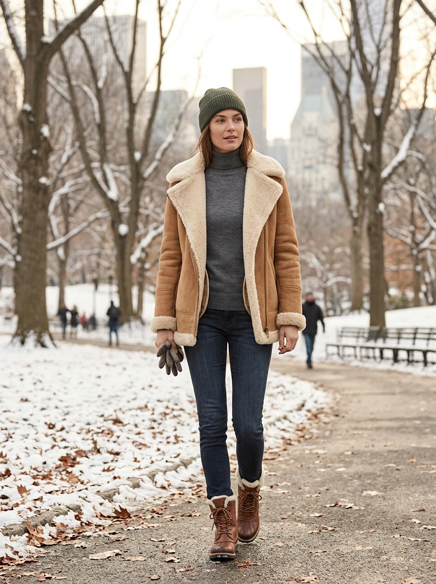 A woman wearing a shearling jacket over a turtleneck, standing in a city park, demonstrating a warm winter style.