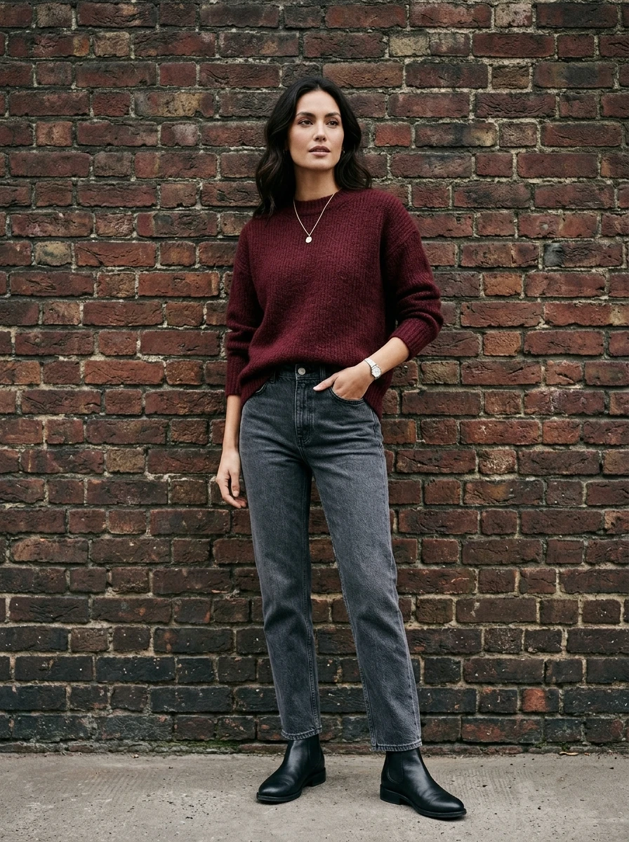 A woman wearing a burgundy sweater and charcoal jeans, standing against a dark brick wall, showing a moody winter palette.