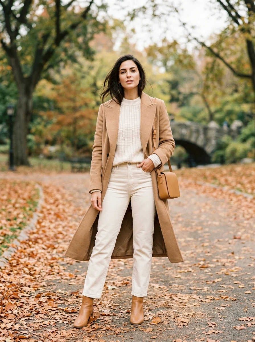 A woman dressed in a camel wool coat layered over a cream sweater and white denim, standing outdoors in a park.