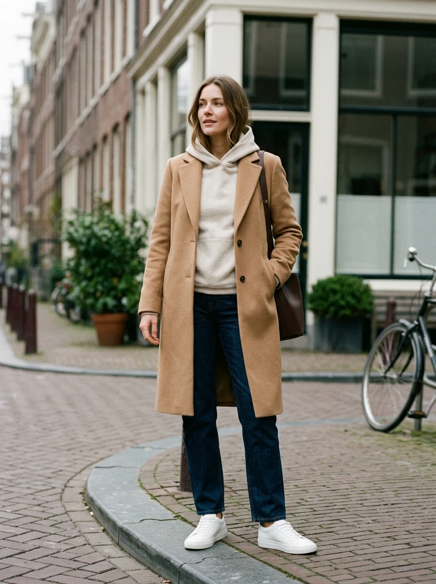 A woman wearing a tailored overcoat over a neutral hoodie, standing on a street corner, showcasing a modern winter style.