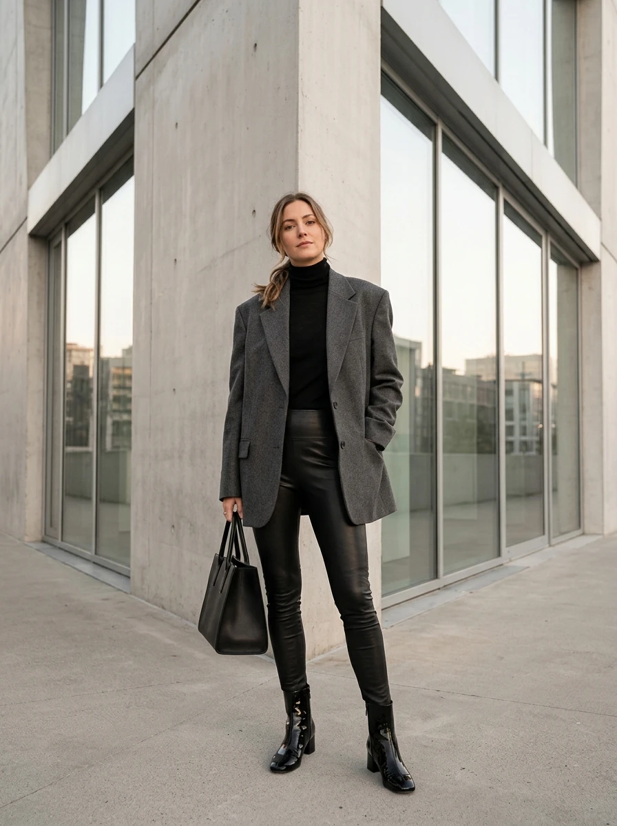 A woman wearing a structured blazer and black leather leggings, standing in a city setting, capturing a chic winter look.