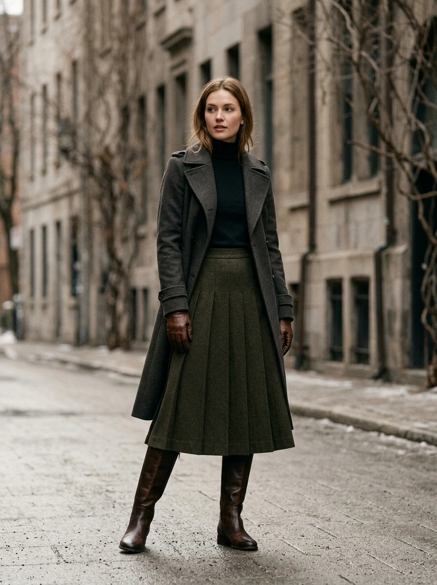 A woman wearing a midi skirt and tall leather boots, standing in a quiet street, demonstrating a balanced winter outfit.