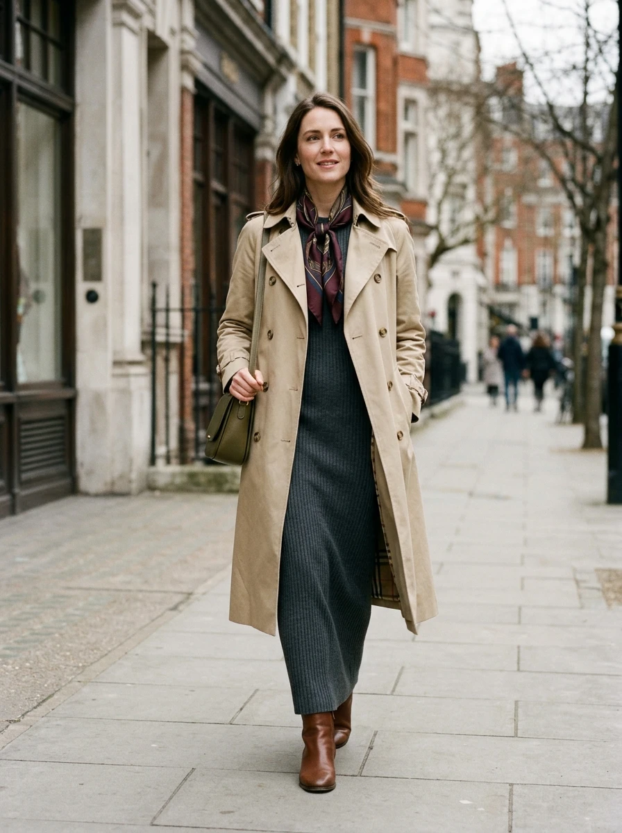 A woman wearing a classic trench coat over a knit dress, standing on a sidewalk, showcasing a versatile winter outfit.