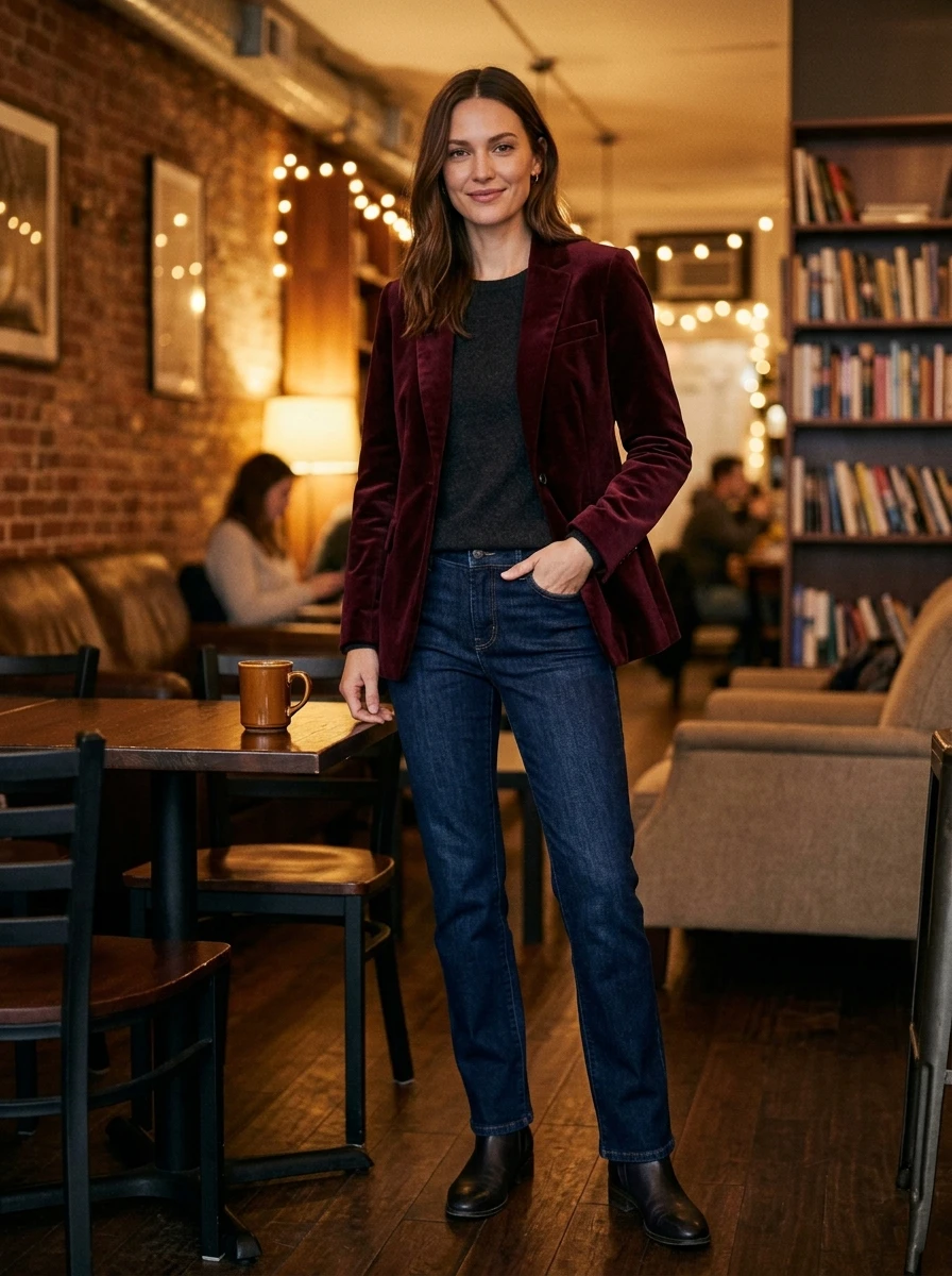 A woman wearing a velvet blazer and dark denim jeans, standing in a cozy cafe, highlighting a rich winter texture.