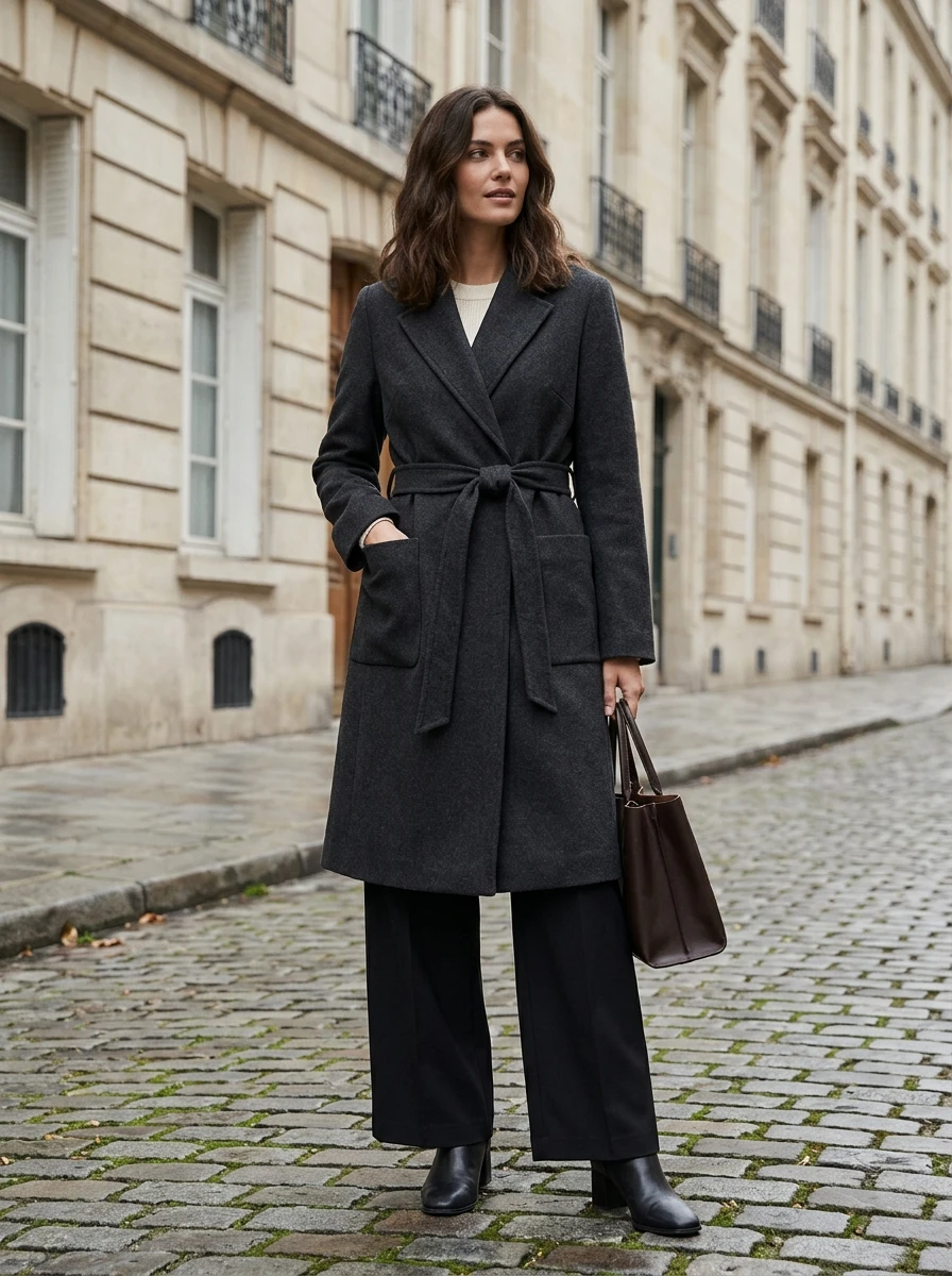 A woman wearing a belted wrap coat and wide leg trousers, standing on a quiet street, showing a structured winter look.