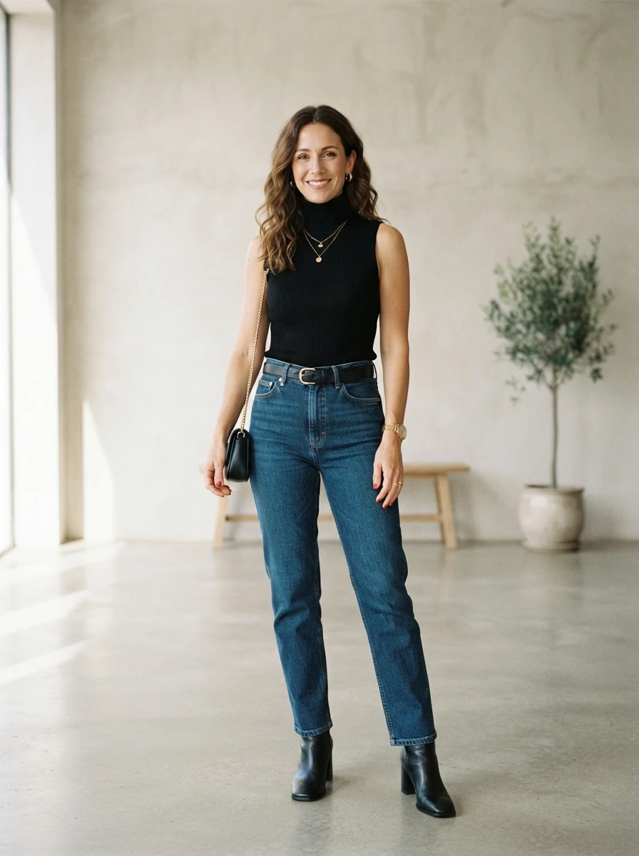 A woman wears a sleeveless black turtleneck with blue jeans and boots. The top is a clever piece for managing temperature changes.