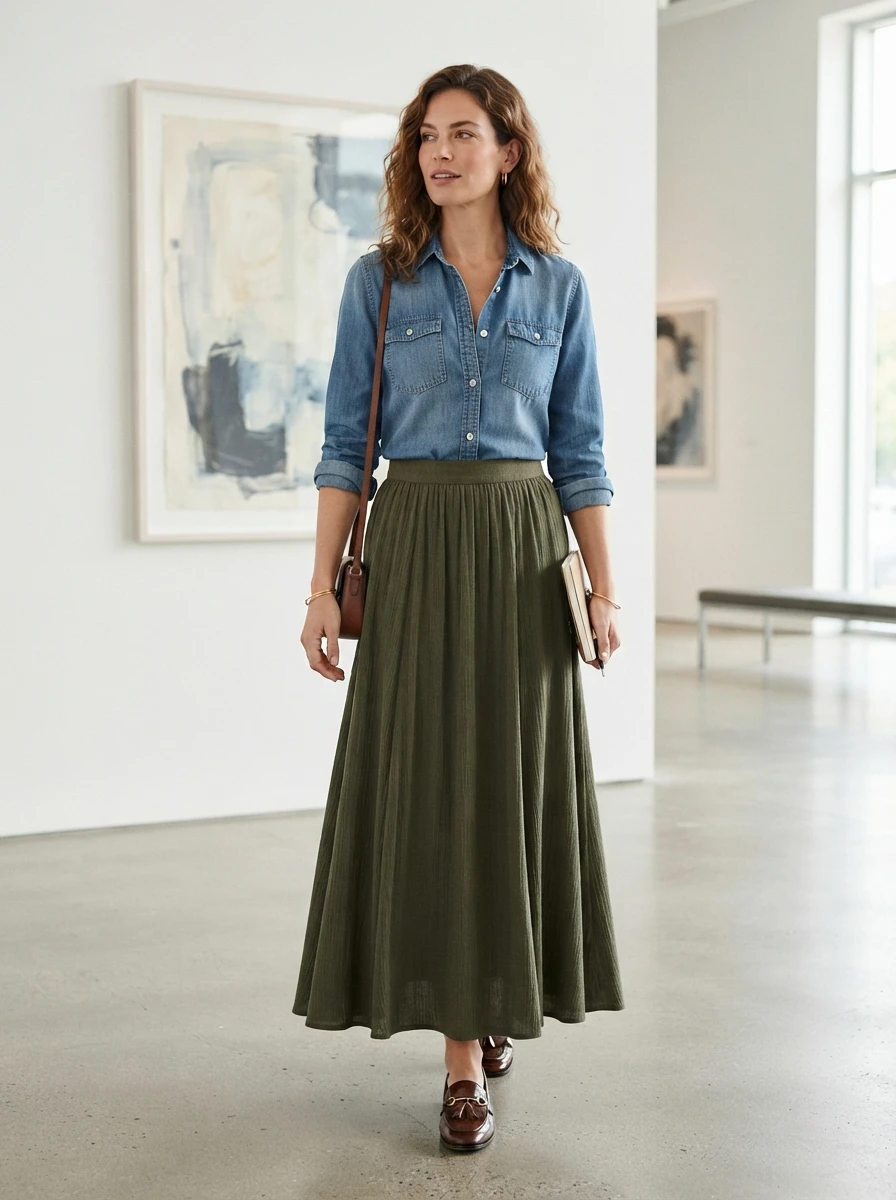 A woman wears a denim shirt tucked into a long maxi skirt with loafers. The combination of textures makes for a stylish autumn transition.