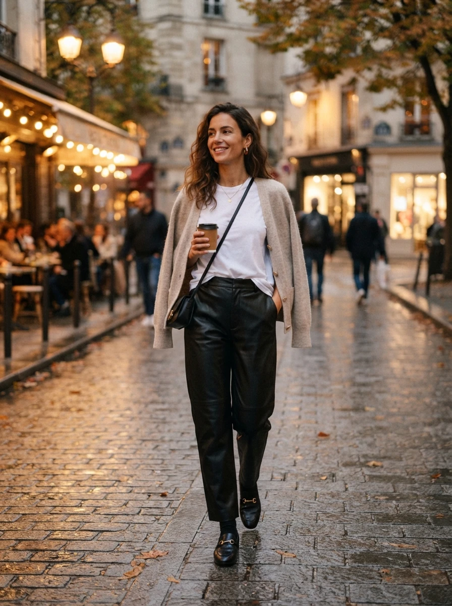 A woman wears black leather trousers with a white cotton tee and loafers. The outfit is a chic choice for transitioning into cooler weather.