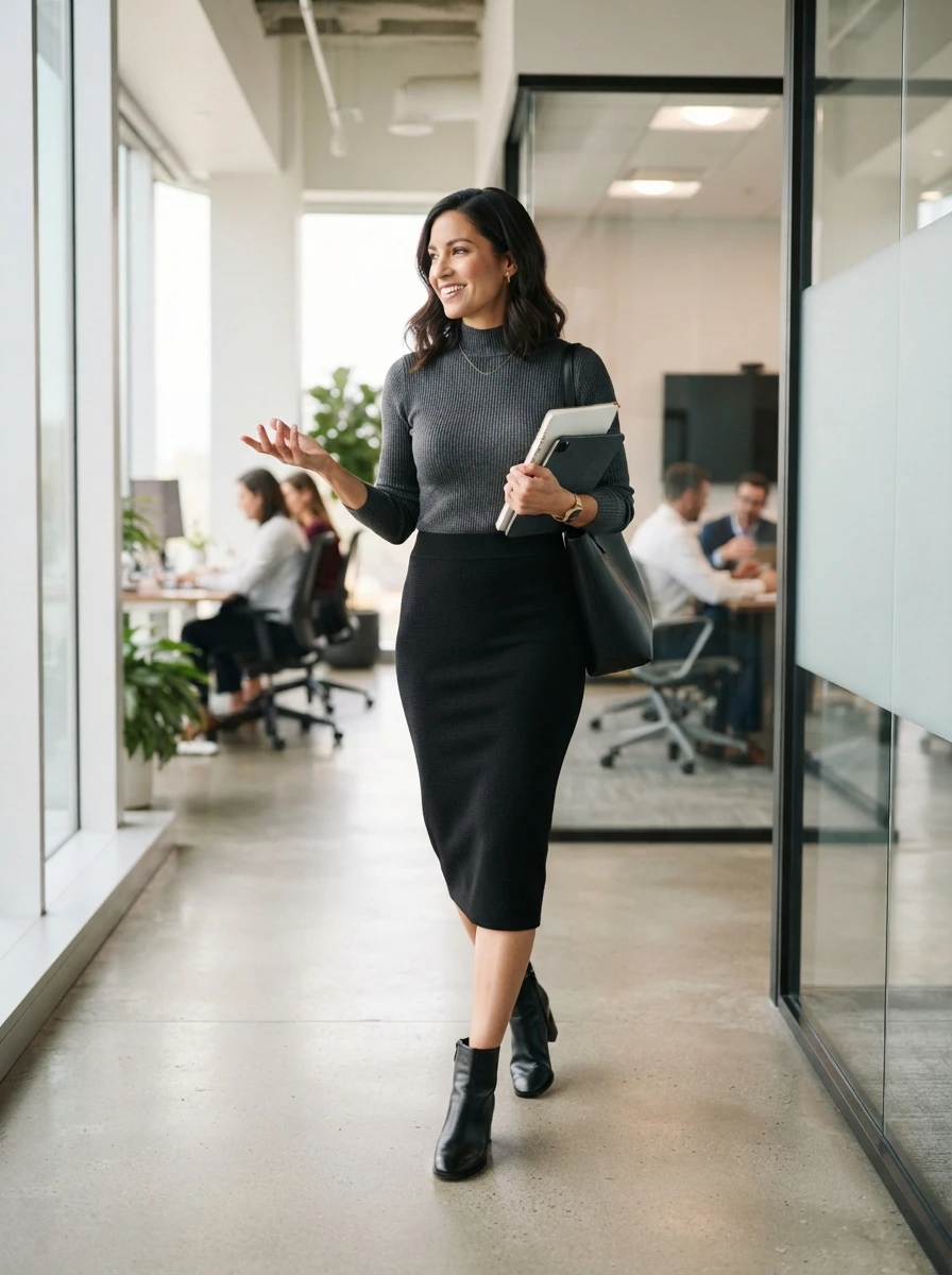 A woman wears a midi pencil skirt with a mock neck top and boots. The look is sophisticated and appropriate for work during the transition.