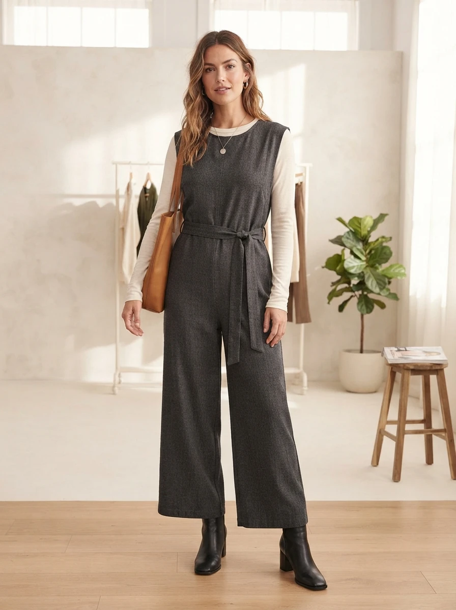 A woman wears a sleeveless jumpsuit over a long sleeve tee with ankle boots. The layering technique extends the life of summer jumpsuits.