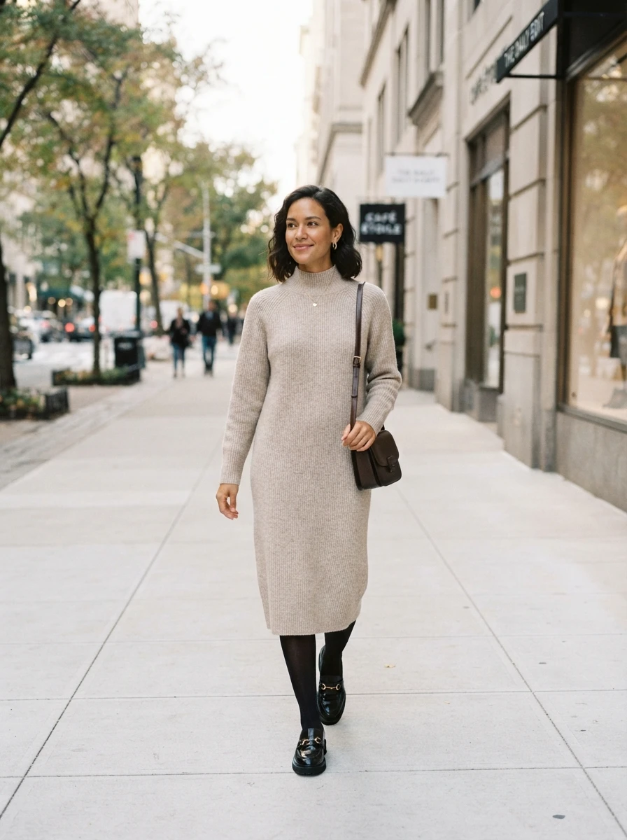 A woman wears a sweater dress with loafers. The outfit is a simple and effective choice for transitioning into autumn weather.