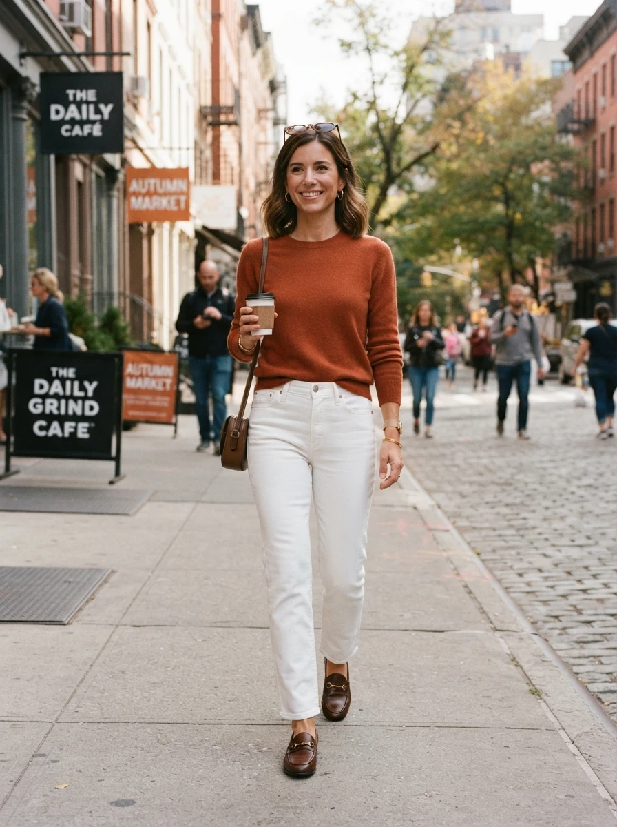 A woman wears white straight leg jeans with a burnt orange sweater and loafers. The outfit uses contrasting seasonal colors for a clean transition look.
