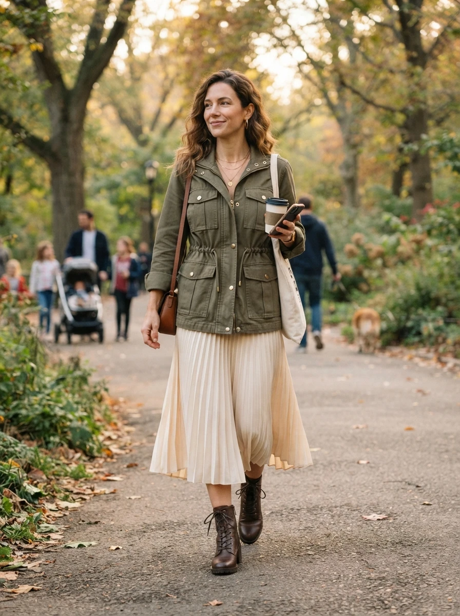 A woman wears a utility jacket over a midi skirt with boots. The look combines practical elements with a feminine base for the transition.