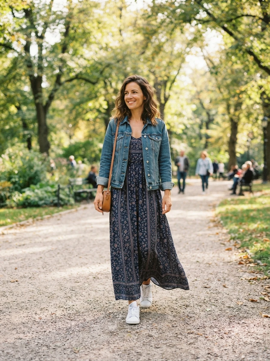 A woman wears a denim jacket over a long maxi dress with white sneakers. The outfit is a functional and comfortable choice for outdoor activities.