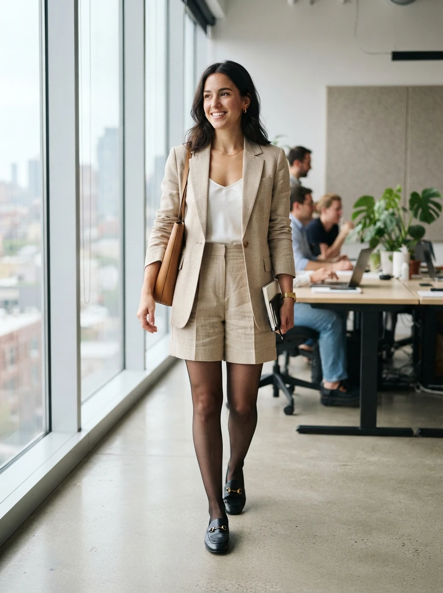 A woman wears tailored shorts with a matching blazer and loafers. The look is professional and sharp, strong for a creative workplace during the transition.
