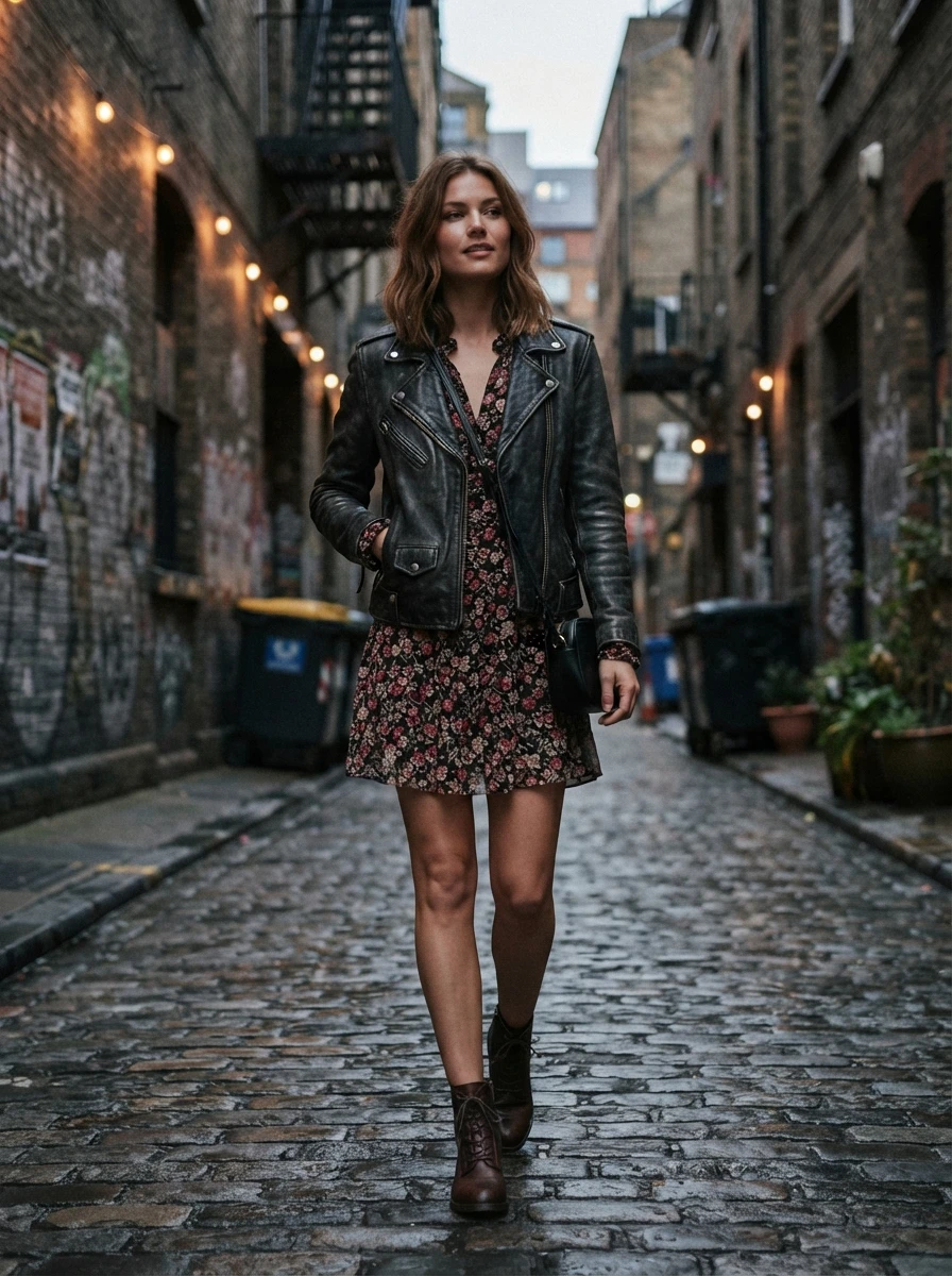 A woman wears a leather jacket over a floral mini dress with ankle boots. The combination creates a stylish contrast between feminine and edgy elements.
