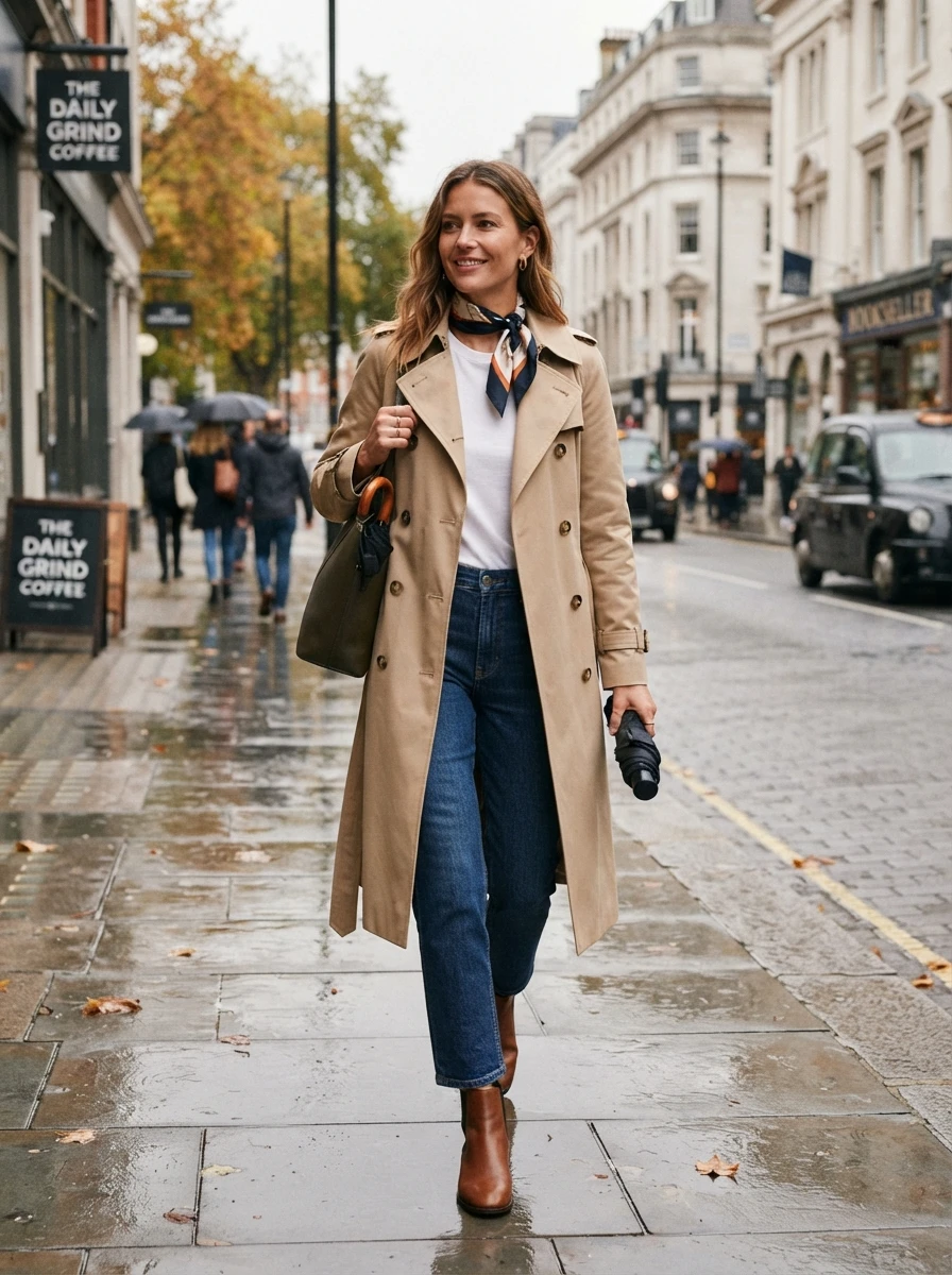 A woman wears a beige trench coat over a white tee and jeans. The look is a classic and functional choice for changing weather.