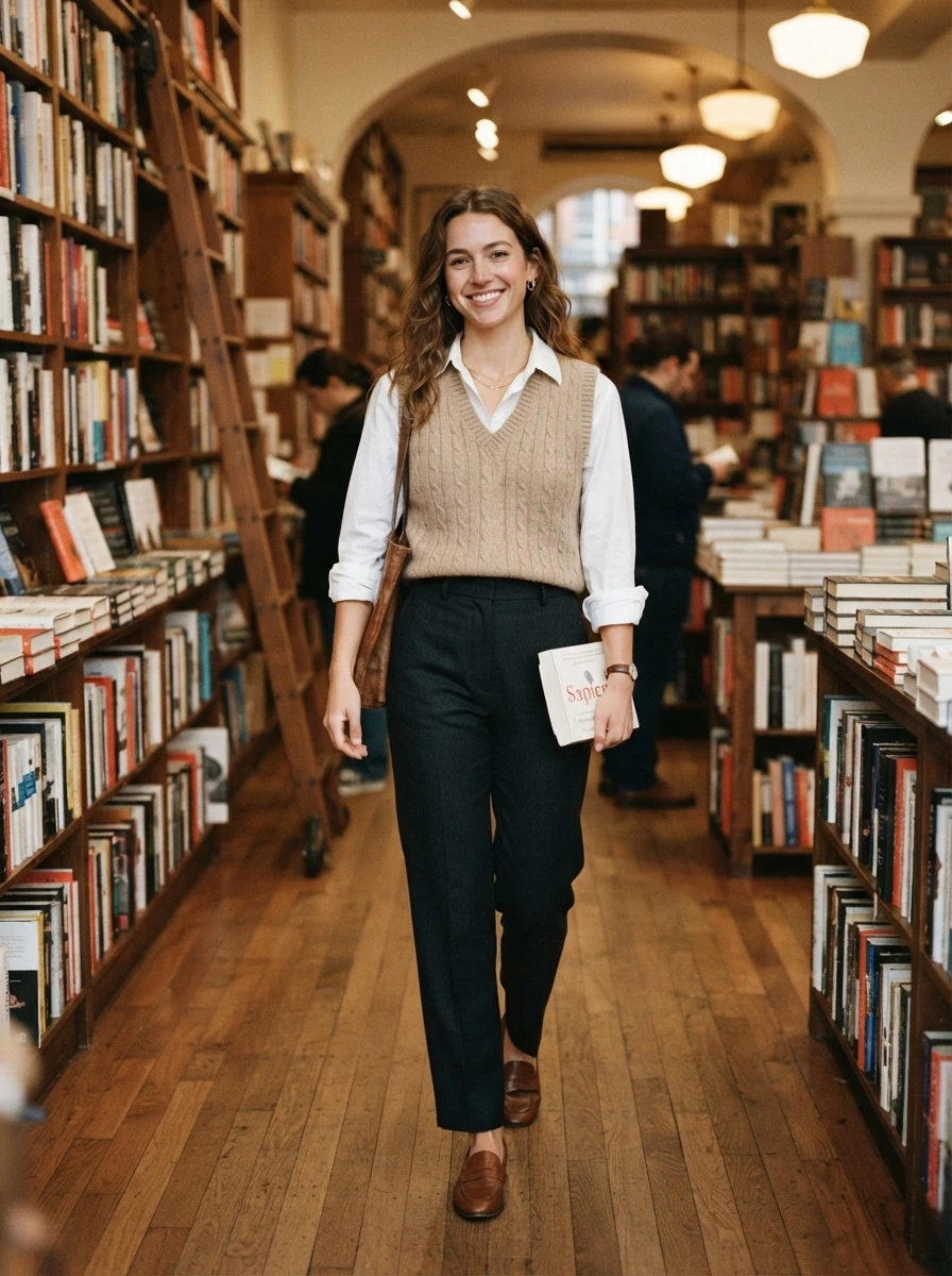 A woman wears a knit vest over a white button down shirt with trousers. The layered look is smart and provides warmth for the transition period.