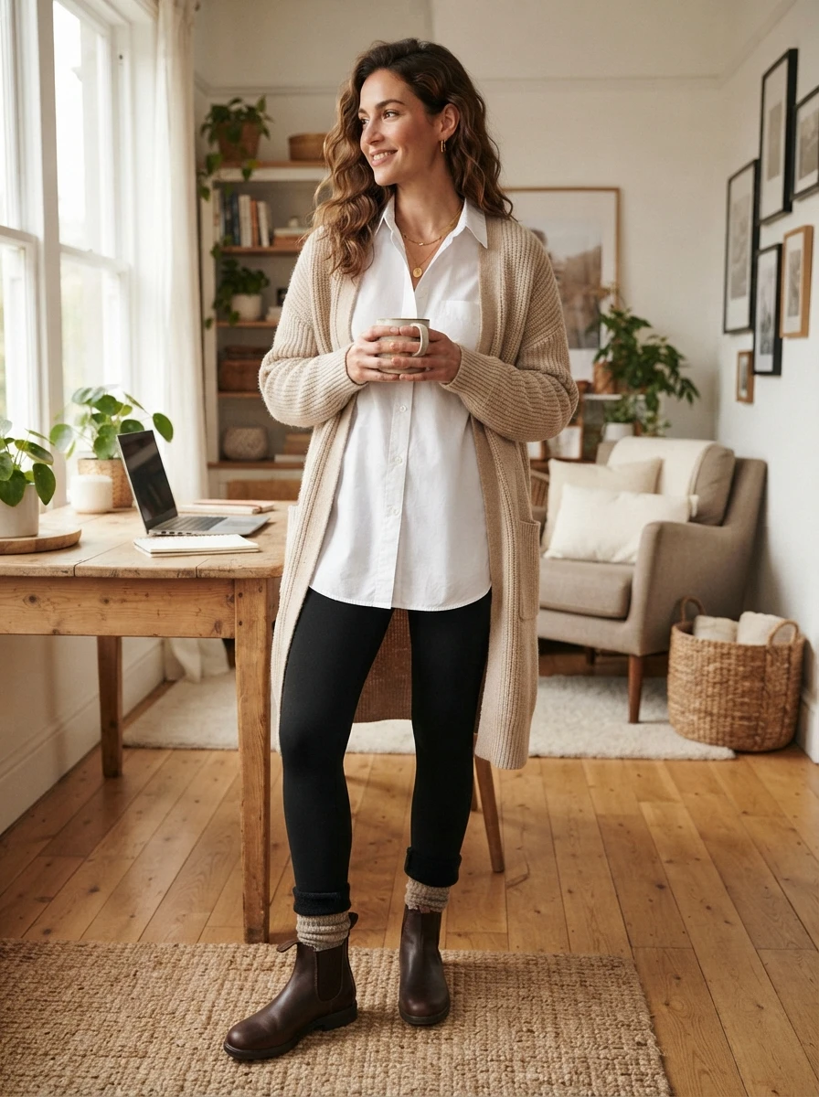 A woman wearing fleece lined black leggings with an oversized white button down shirt and a long beige cardigan, focusing on comfort and casual winter style.
