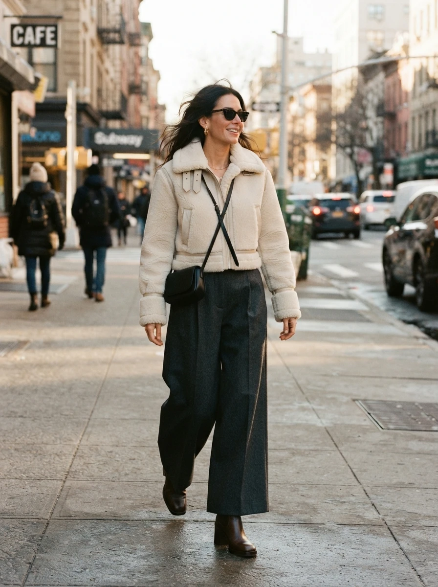 A woman wearing a short shearling jacket paired with wide leg wool trousers, showcasing a balanced silhouette for cold weather.