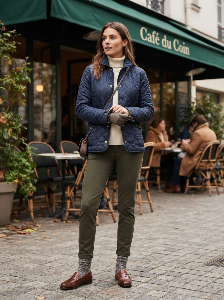 A woman wearing a navy quilted jacket with slim chinos and leather loafers, offering a smart and functional look for mild winter days.
