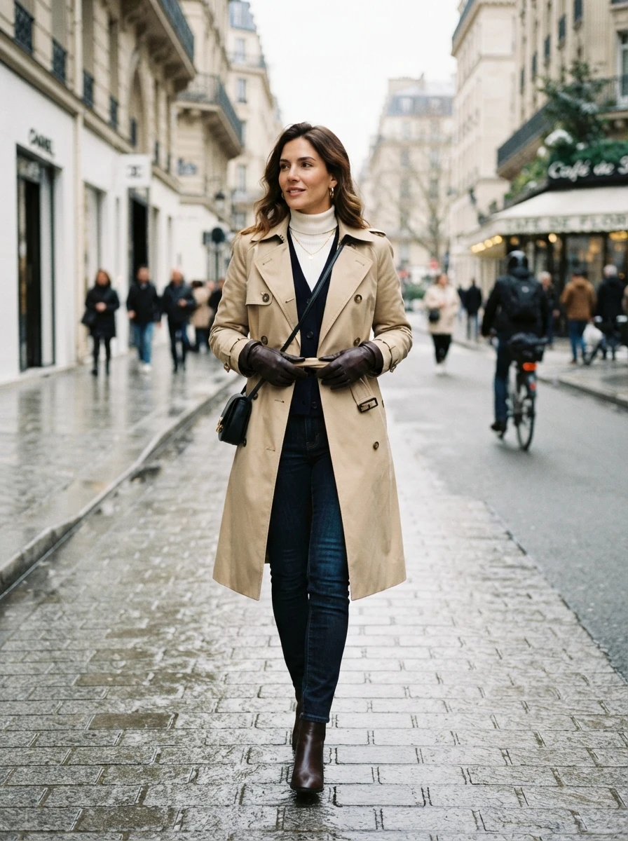 A woman wearing a classic beige trench coat over dark denim with leather gloves, showing how to adapt a trench for winter weather.