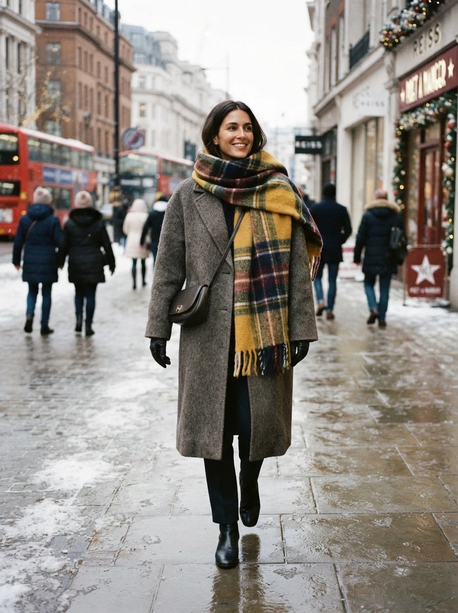 A woman wearing a neutral wool coat styled with a large, colorful statement scarf, demonstrating an easy way to refresh winter outerwear.
