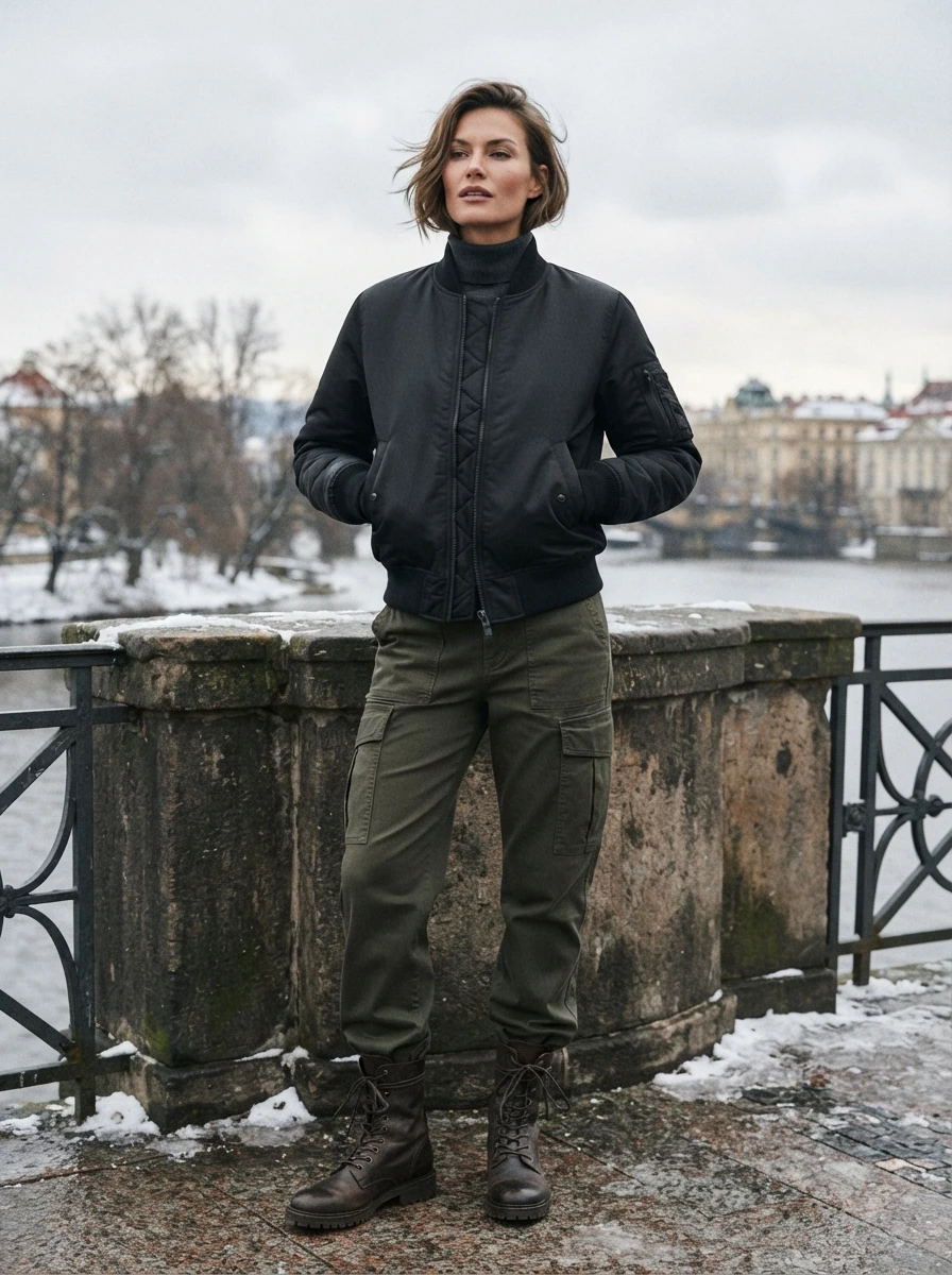 A woman wearing a nylon bomber jacket with cargo pants and sturdy boots, showcasing a utilitarian and warm winter style.