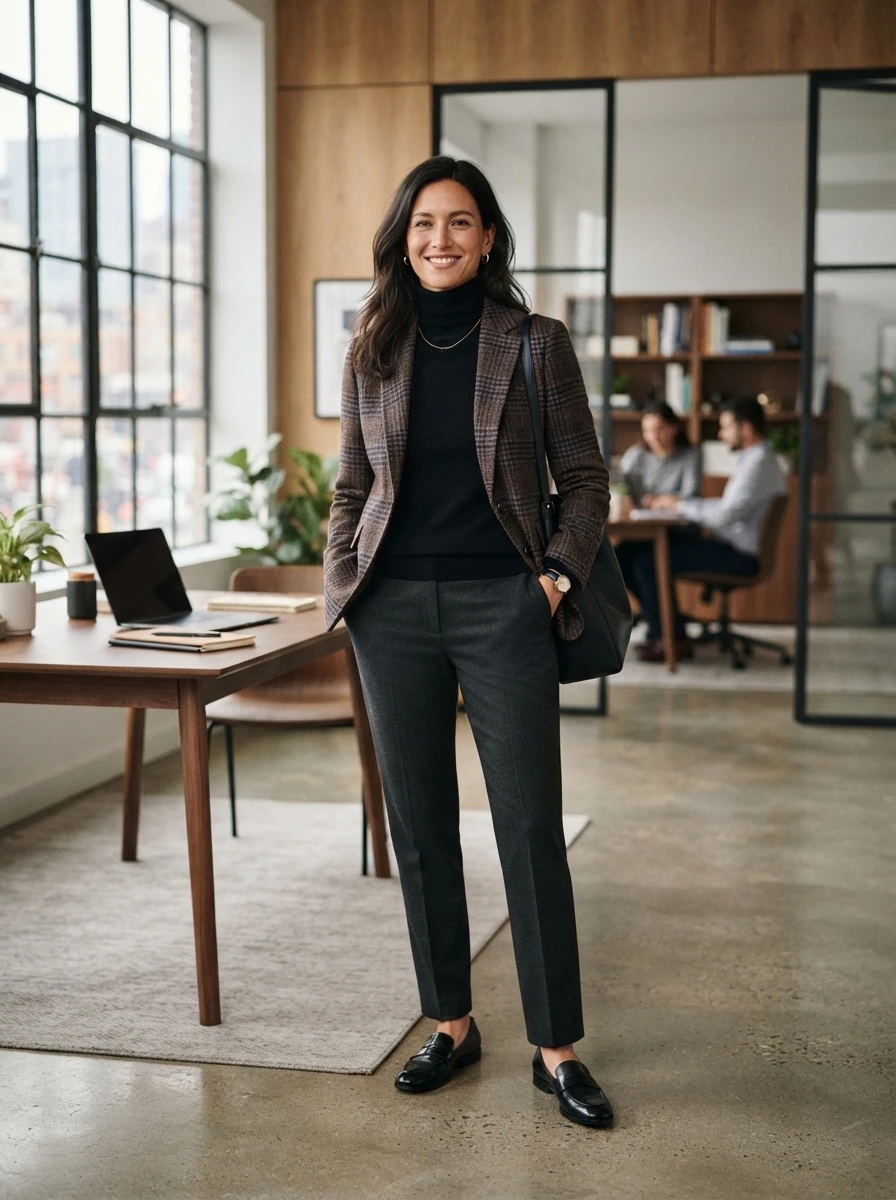 A woman wearing a plaid wool blazer over a black turtleneck and dark trousers, creating a professional and polished winter ensemble.