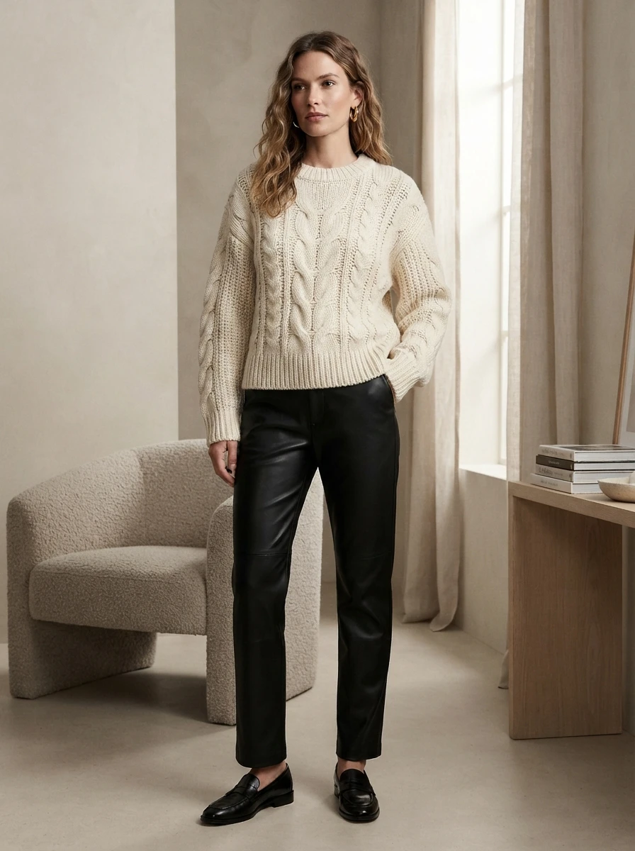 A woman styled in black faux leather trousers paired with an oversized chunky cream cable knit sweater, highlighting the contrast between smooth leather and textured wool.