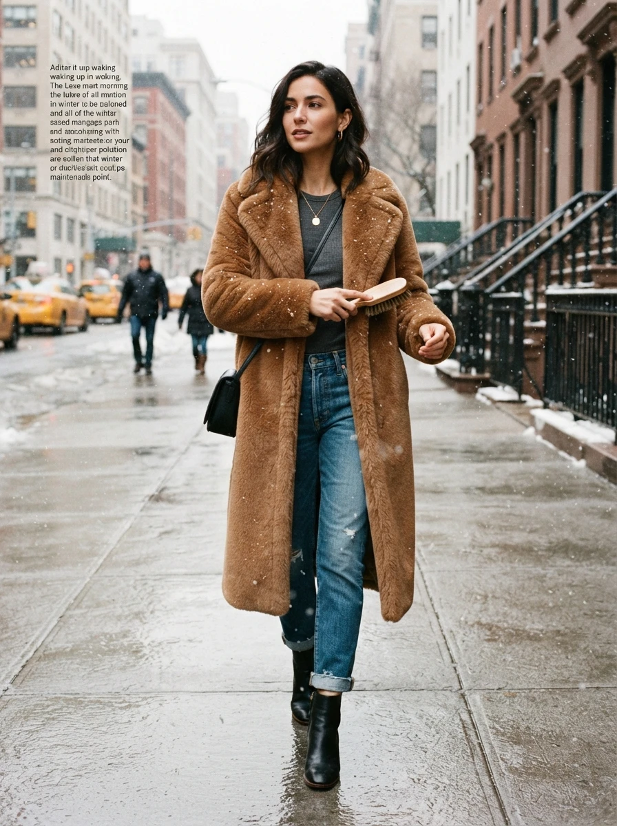 A woman wearing a luxurious faux fur coat paired with jeans, demonstrating a warm and stylish approach to extreme winter weather.