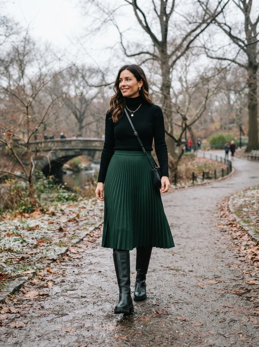 A woman wearing a forest green pleated midi skirt paired with a fitted black turtleneck and knee high leather boots, creating a balanced and polished winter look.