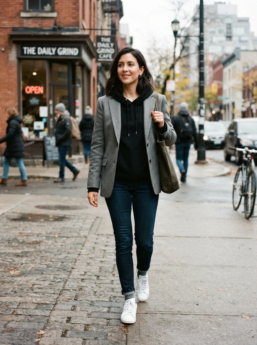 A woman wearing a tailored grey wool blazer layered over a black hoodie with slim fit jeans and sneakers, demonstrating a casual yet structured winter outfit.