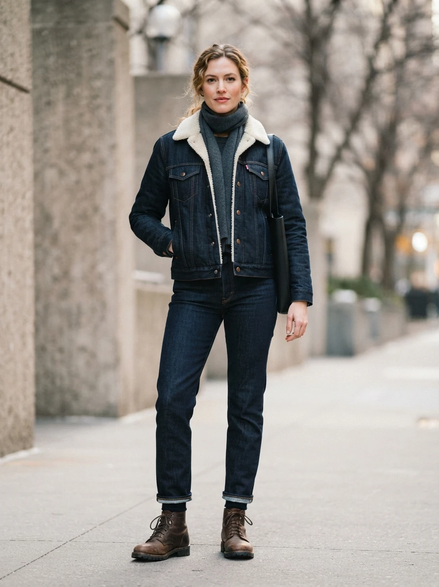 A woman styled in a dark wash denim jacket with a shearling collar and matching dark denim jeans, providing a rugged and warm winter ensemble.