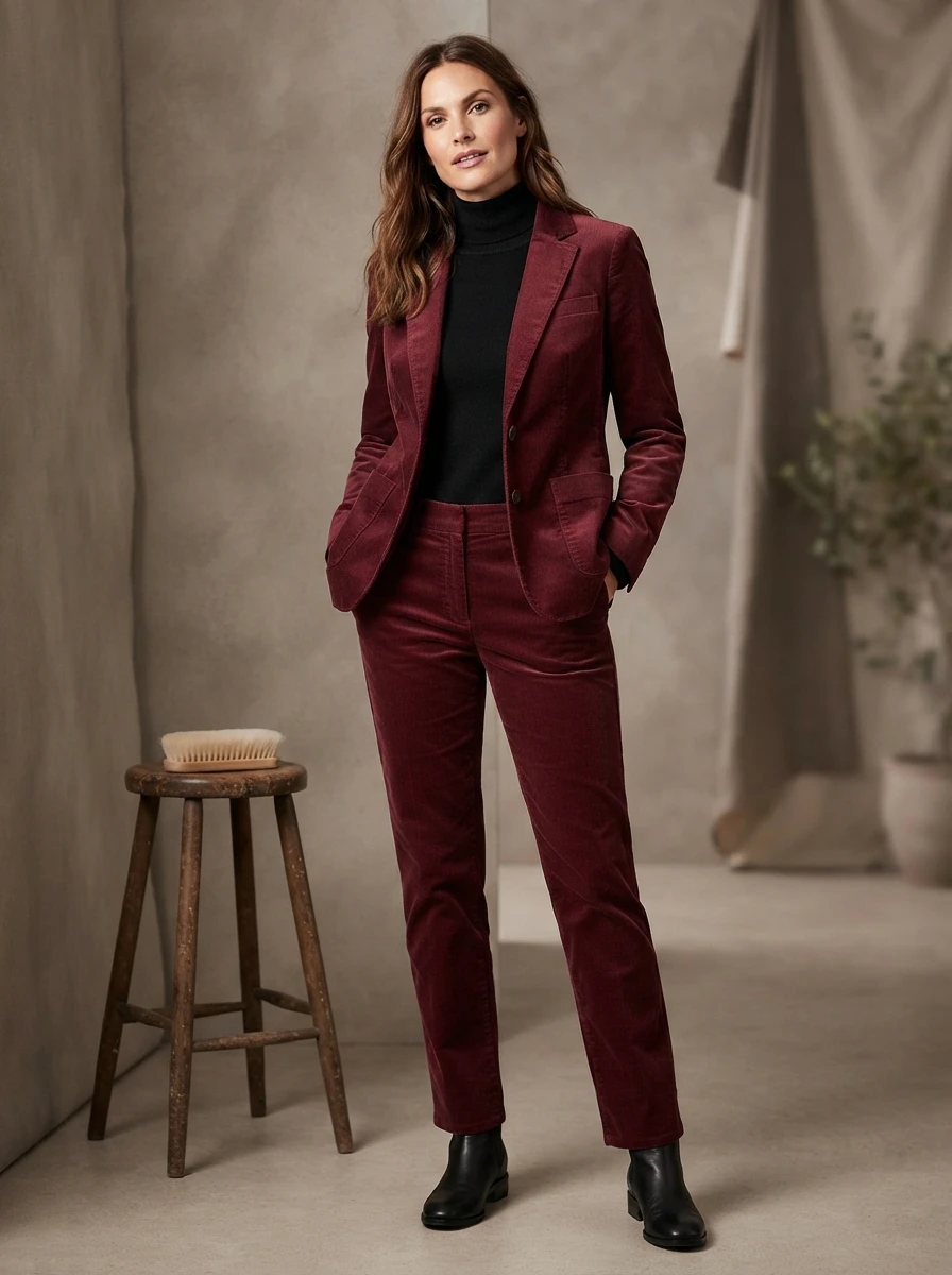 A woman wearing a burgundy corduroy suit paired with a thin black turtleneck, presenting a textured and warm professional winter look.