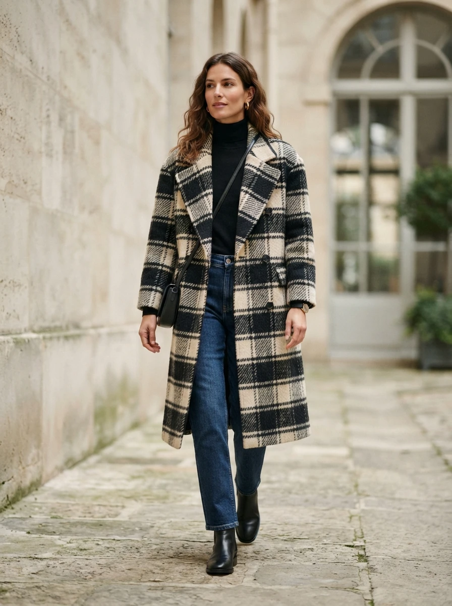 A woman wearing a bold checkered wool coat over a black knit top and straight leg jeans, making the outerwear the focal point of the outfit.