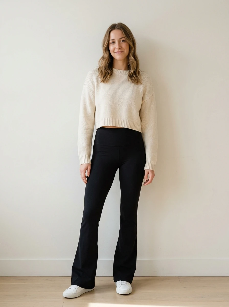 A woman stands against a wall wearing black flare leggings and a cropped cream colored boxy sweater.