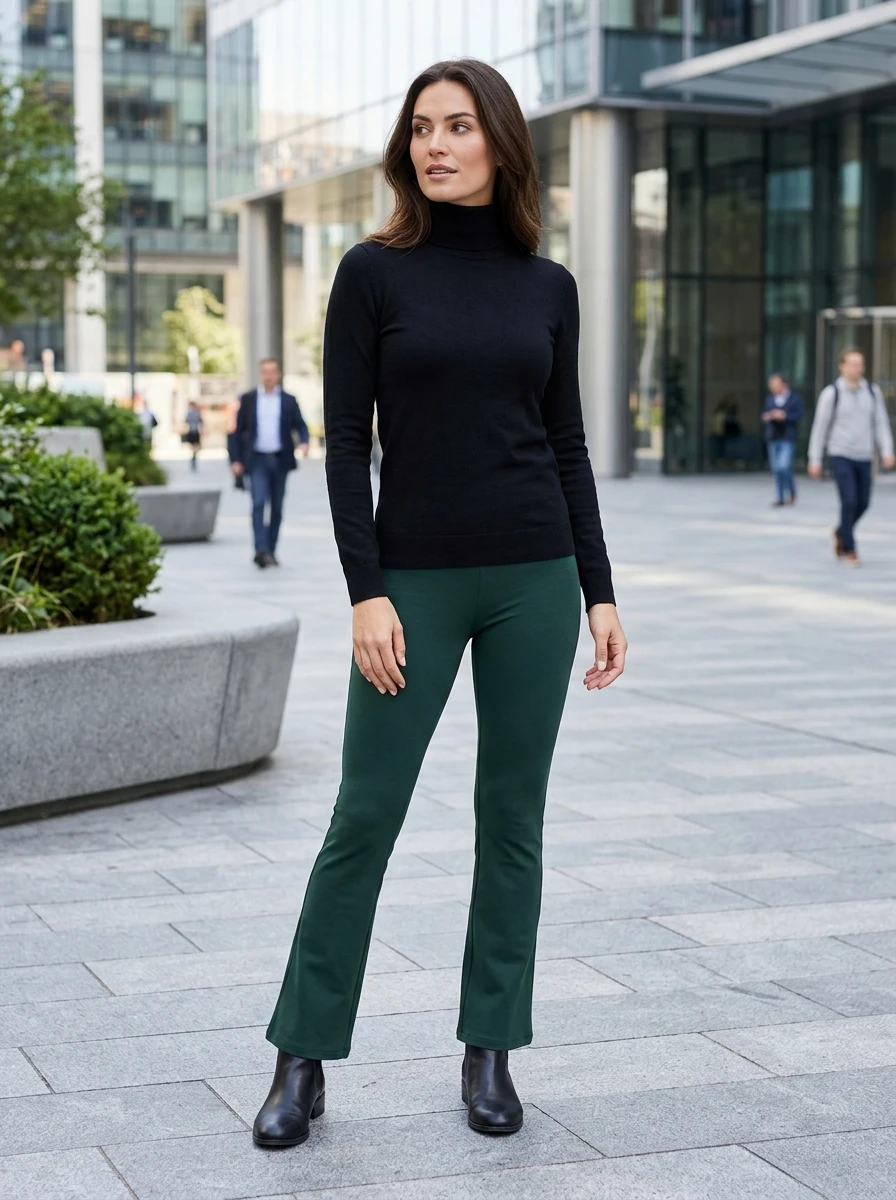 A woman stands in a plaza wearing forest green flare leggings with a black turtleneck and black ankle boots.
