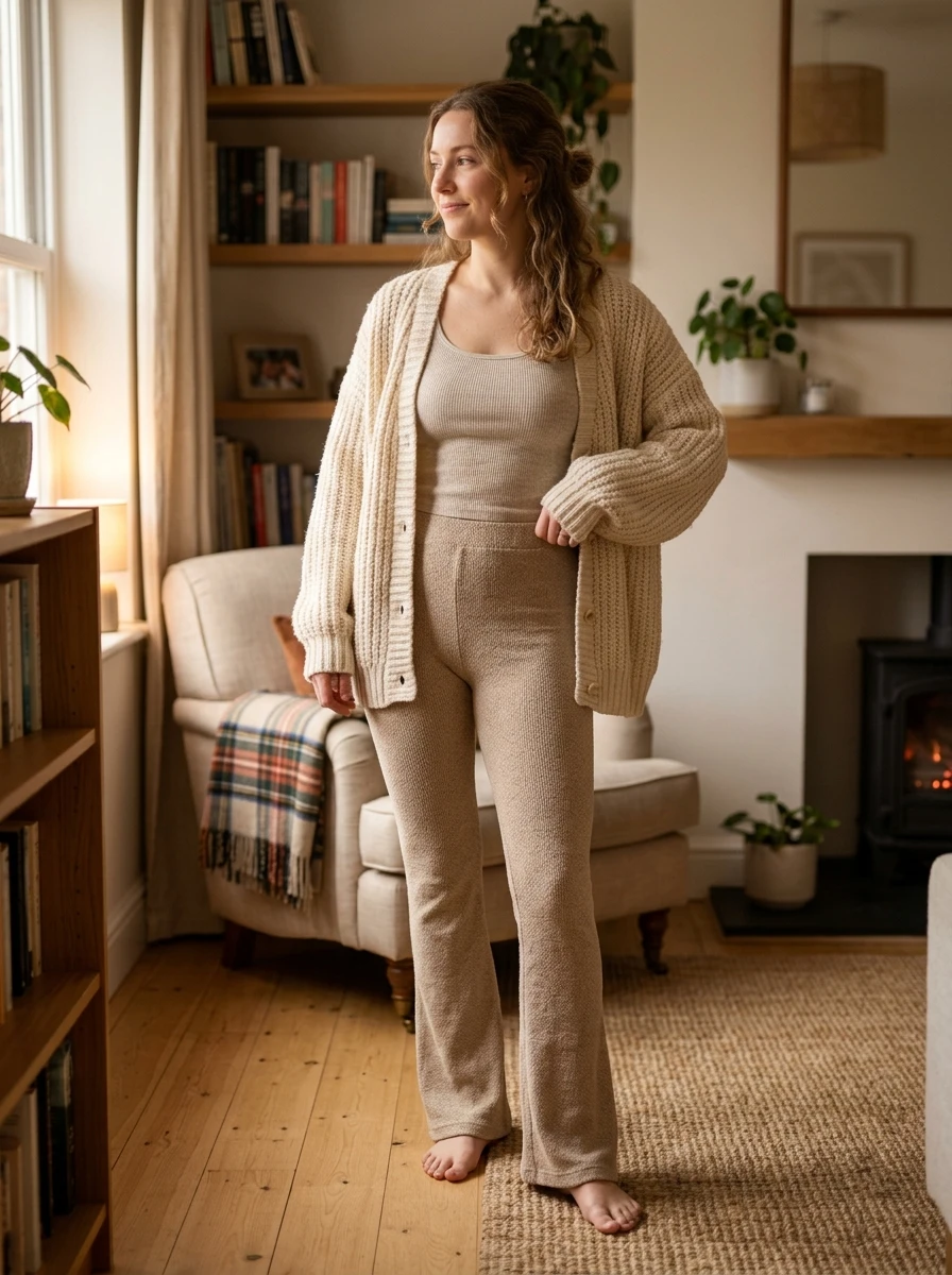 A woman stands in a cozy room wearing beige knit flare leggings and a chunky oversized cardigan over a tank top.