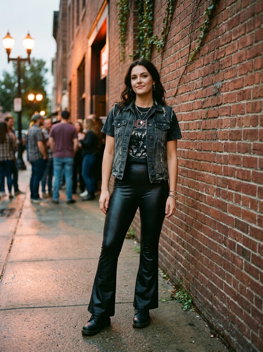 A woman stands against a brick wall wearing black faux leather flare leggings and a graphic band t shirt.