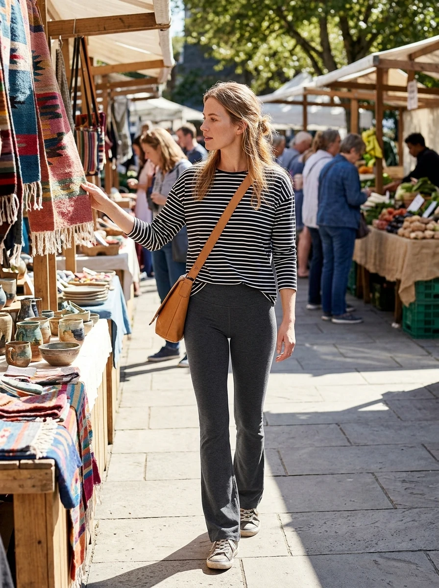 A woman walks through an outdoor market wearing charcoal flare leggings and a striped long sleeve top with a crossbody bag.