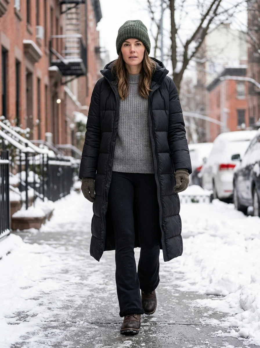 A woman stands in a snowy street wearing fleece lined black flare leggings and a long puffer coat with thick boots.