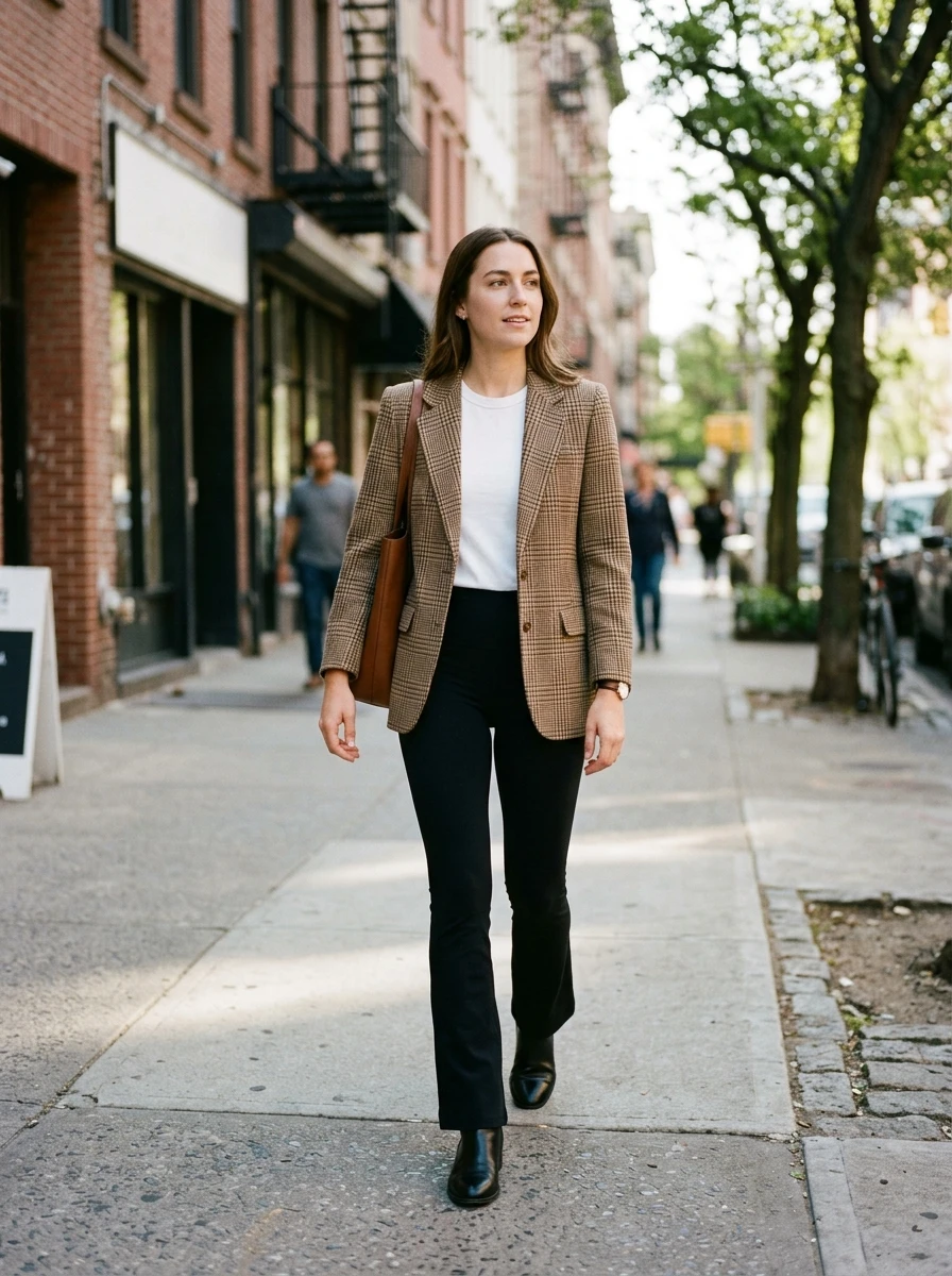 A woman stands on a sidewalk wearing black flare leggings with a white t shirt and a plaid blazer.
