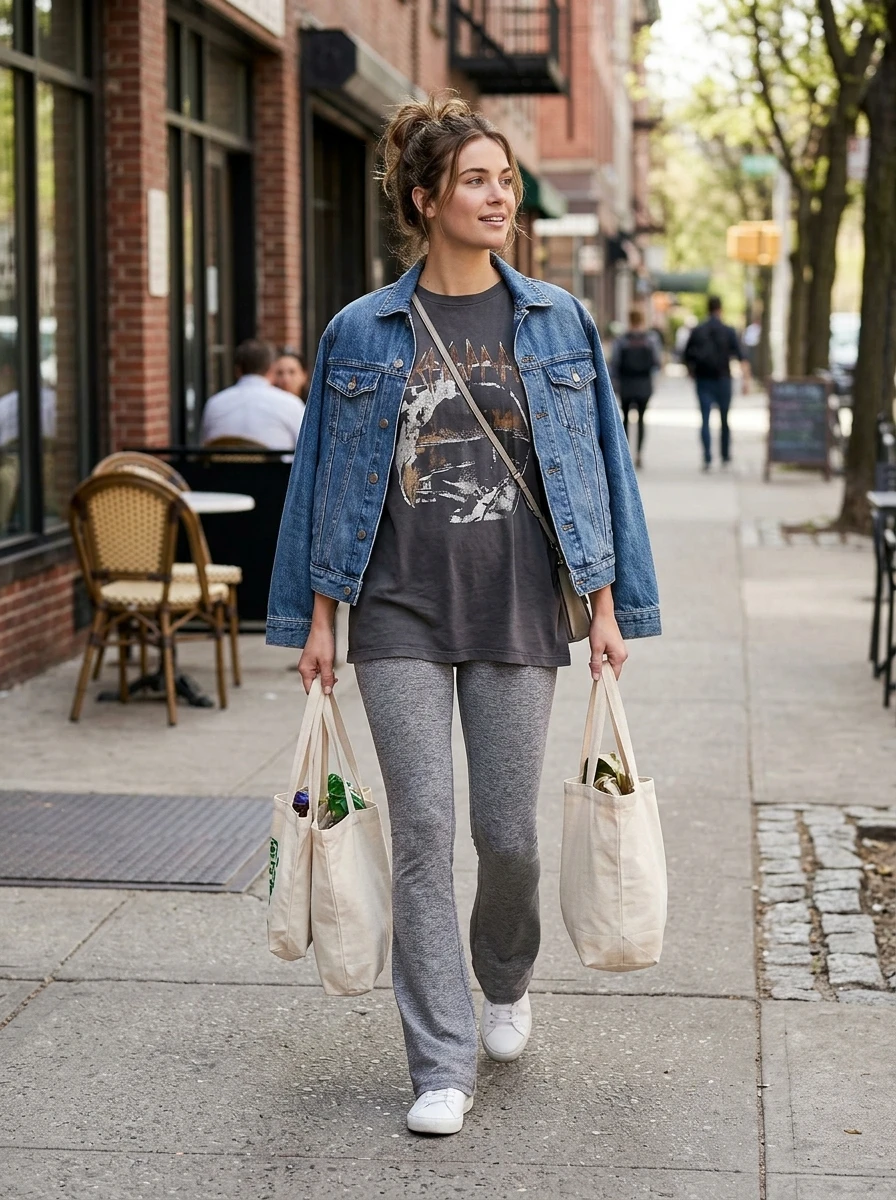 A woman walks down a city street wearing gray flare leggings with an oversized graphic t shirt and a light wash denim jacket.