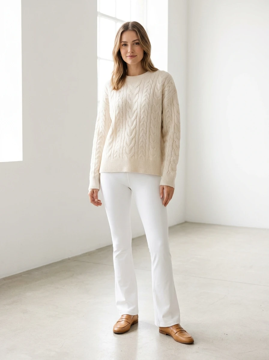 A woman stands in a studio wearing white flare leggings and a cream colored sweater with tan loafers.