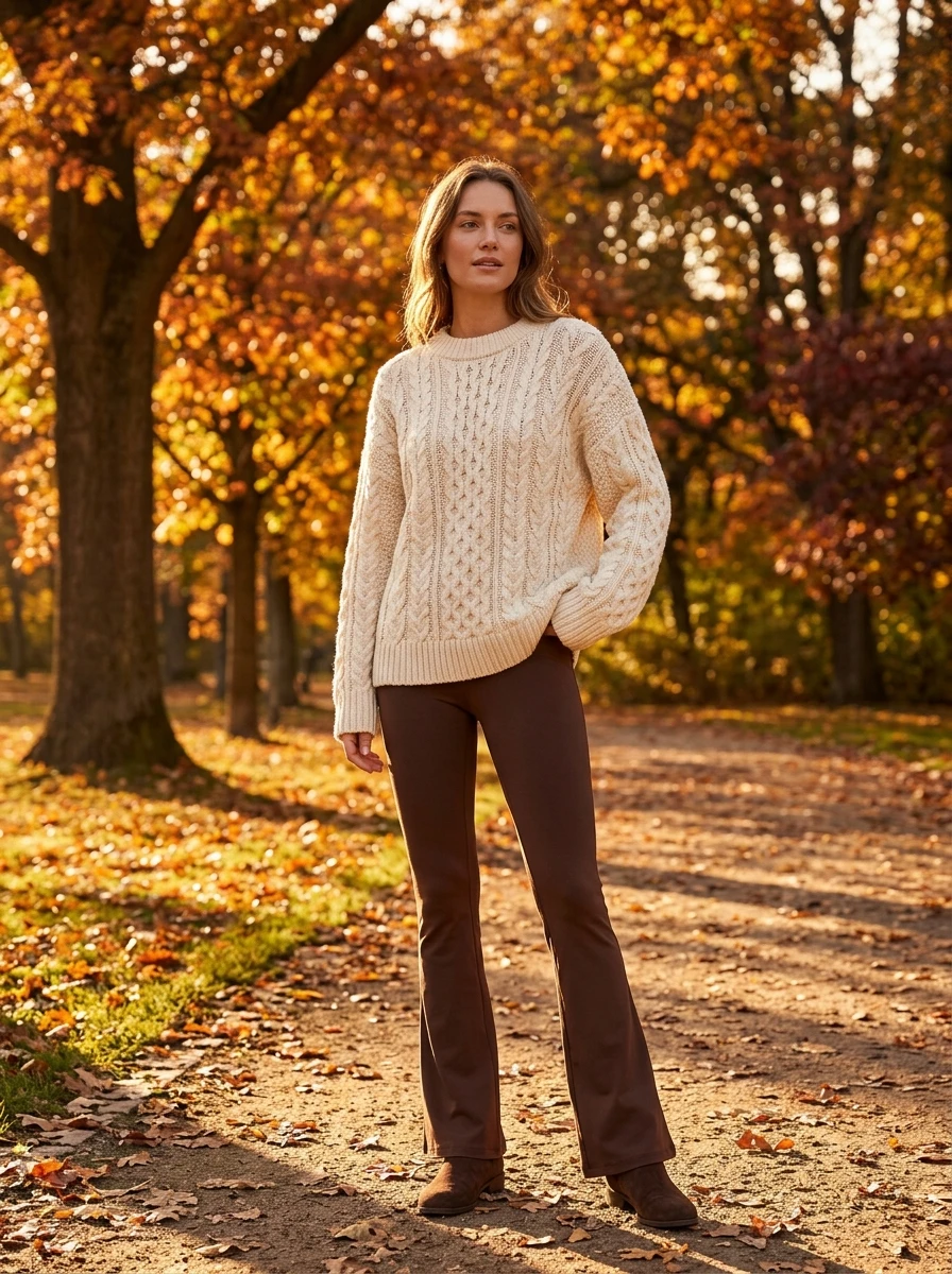 A woman poses in a park wearing chocolate brown flare leggings and a chunky beige cable knit sweater with matching suede boots.